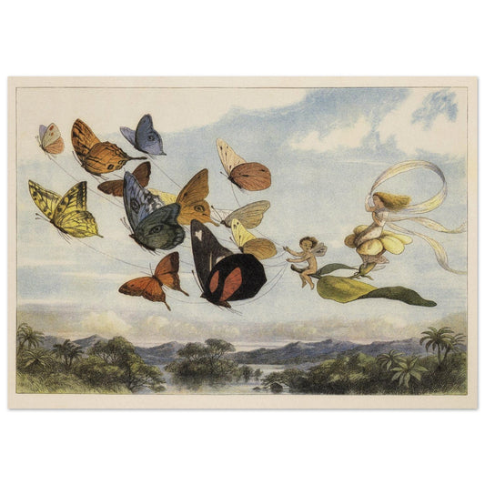 Richard Doyle illustration for Fairyland. The Fairy Queen in her carriage driven by butterflies.