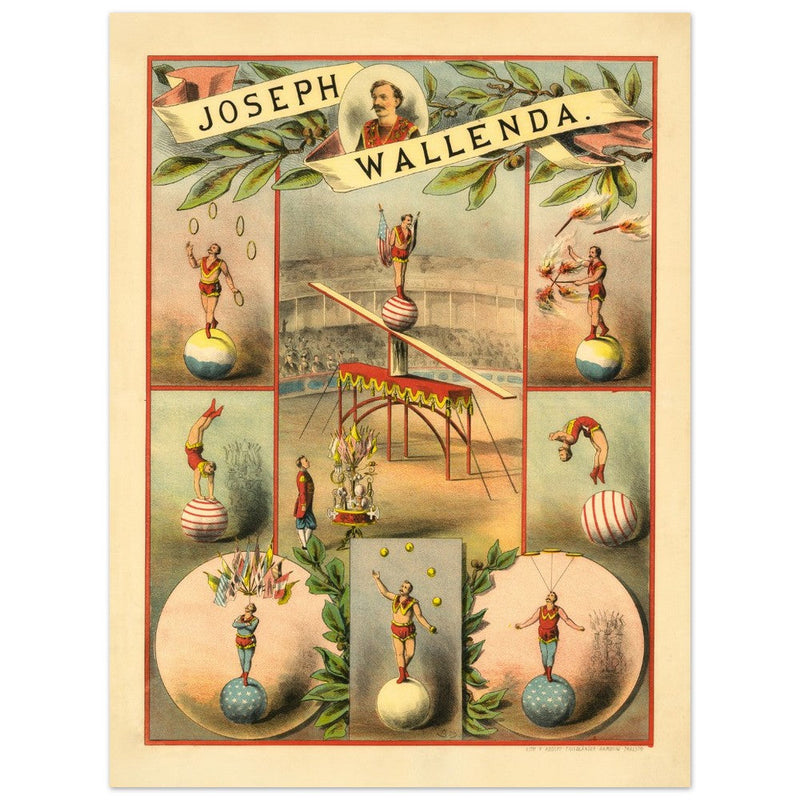 Old vintage circus print reproduction. Joseph Wallenda acrobat.