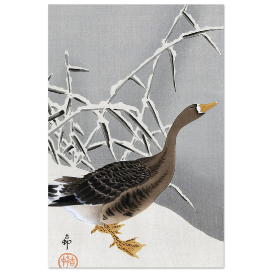 White-fronted goose in the snow by Ohara Koson