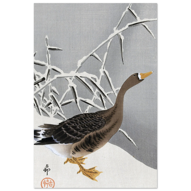 White-fronted goose in the snow by Ohara Koson
