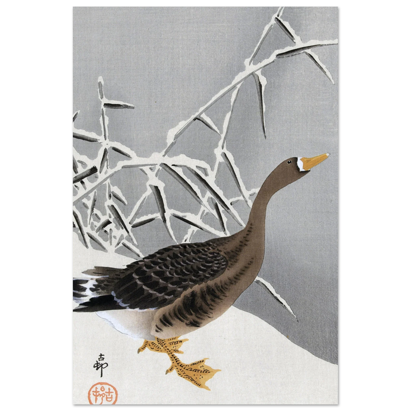 White-fronted goose in the snow by Ohara Koson