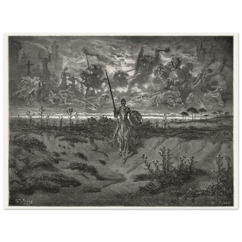 Don Quixote riding his horse by Gustave Dore dreaming of a life full of adventures.