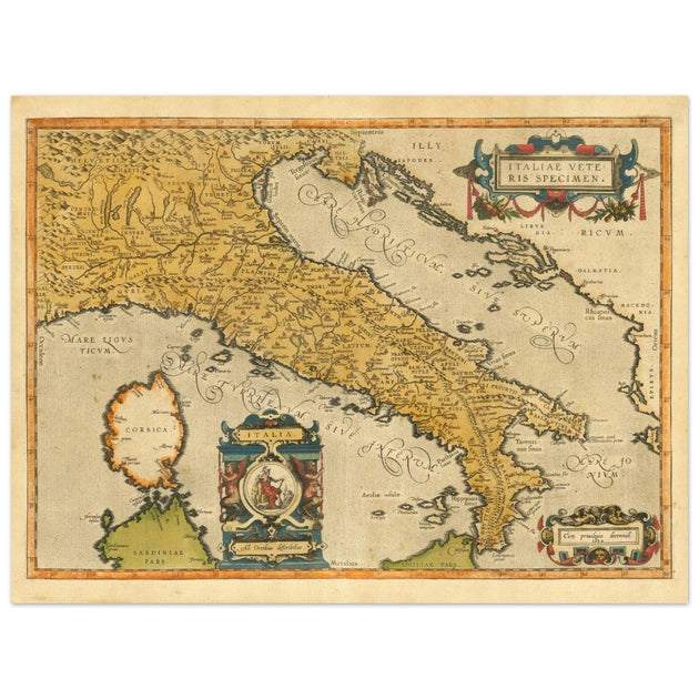 Ancient map of Italy by Abraham Ortelius. Vintage historic map.