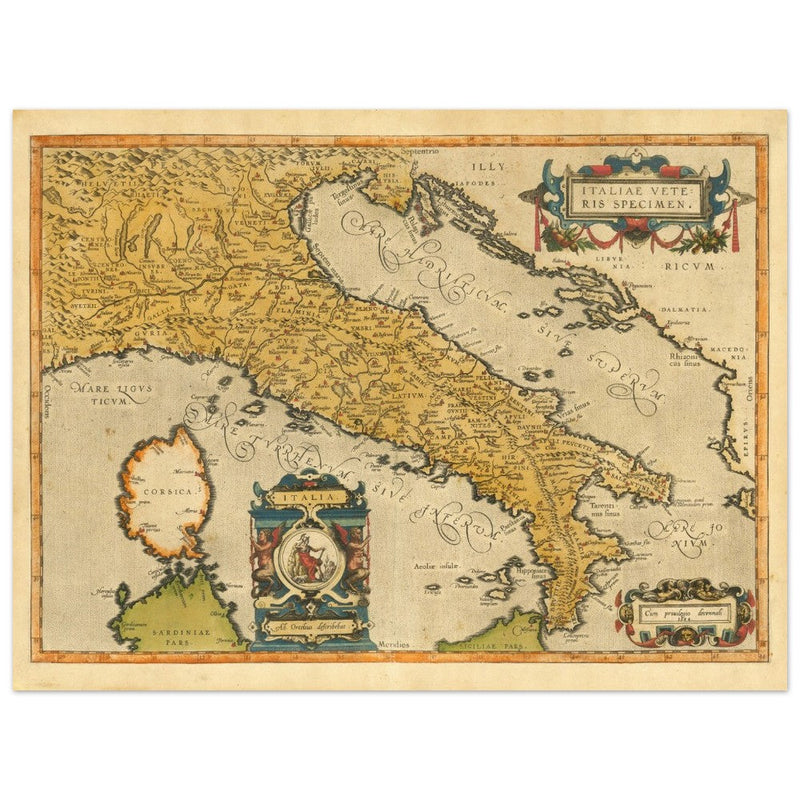 Ancient map of Italy by Abraham Ortelius. Vintage historic map.