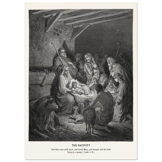 Gustave Dore The Bible engraving print . The Nativity illustration . The birth of Jesus Christ in Bethlehem