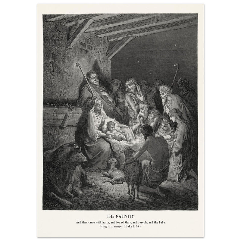 Gustave Dore The Bible engraving print . The Nativity illustration . The birth of Jesus Christ in Bethlehem