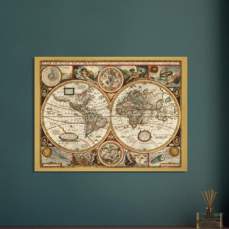Ancient world map. Beautiful illustrated double sphere cartography of the XVIII Century by Frederick de Wit