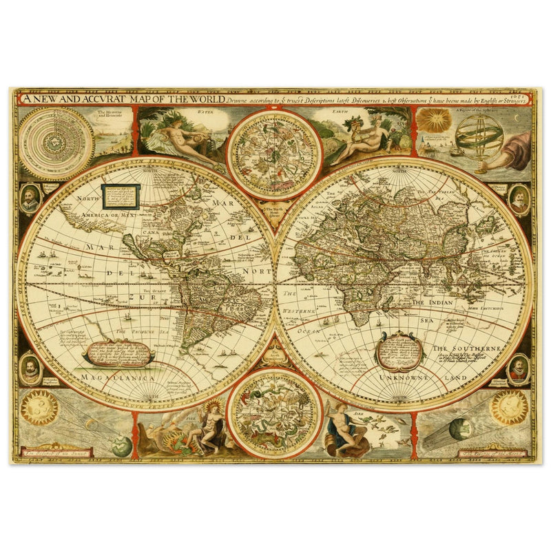 Old World Map of 1651 by John Speed. Vintage Double Hemisphere cartography of the XVII century .