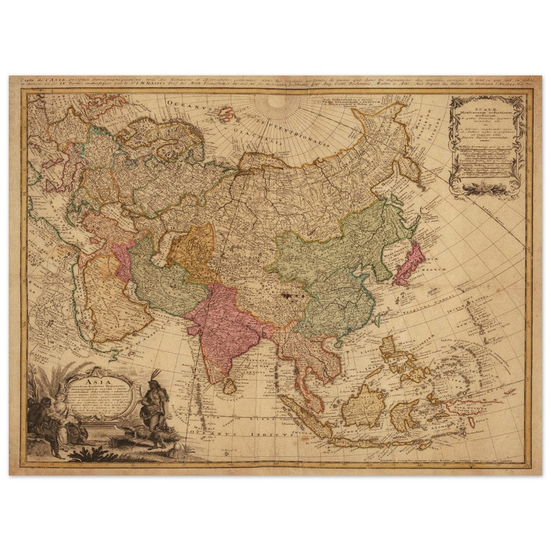 Ancient vintage map of Asia. Beautiful  from an antique asian map of the XVIII century. Art print.