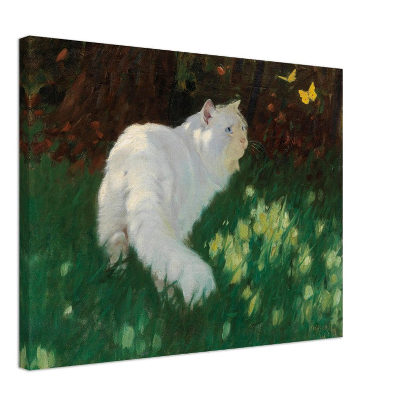 White Cat and Butterflies old painting by Arthur Heyer .
