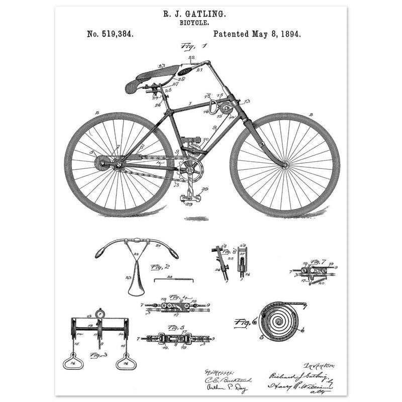 Vintage bicycle patent by Richard J Gatling 1894
