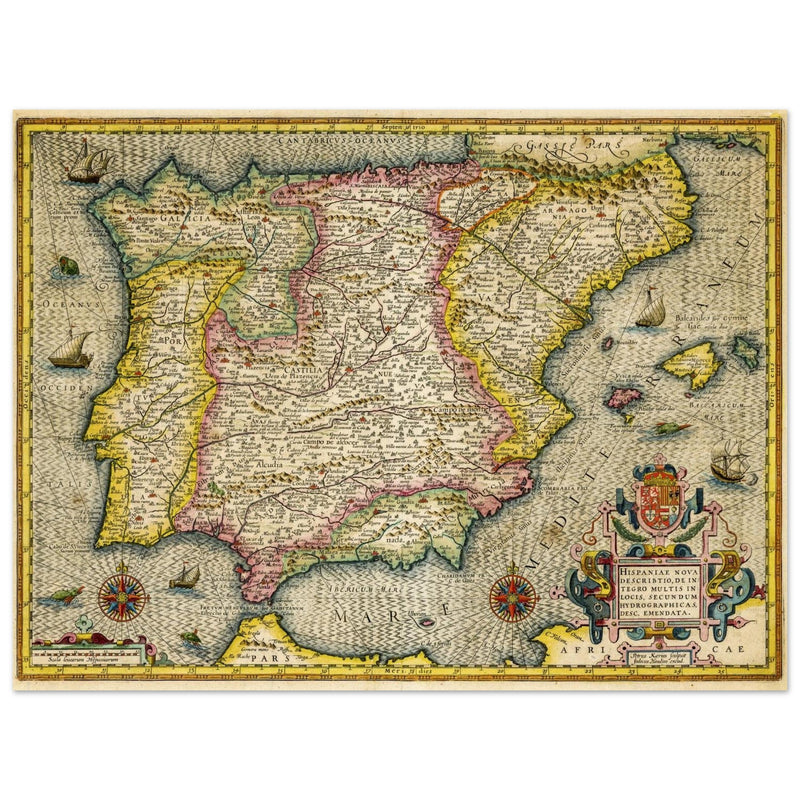 Ancient Spain and Portugal map. Iberian Peninsula cartography by Henricus Hondius.