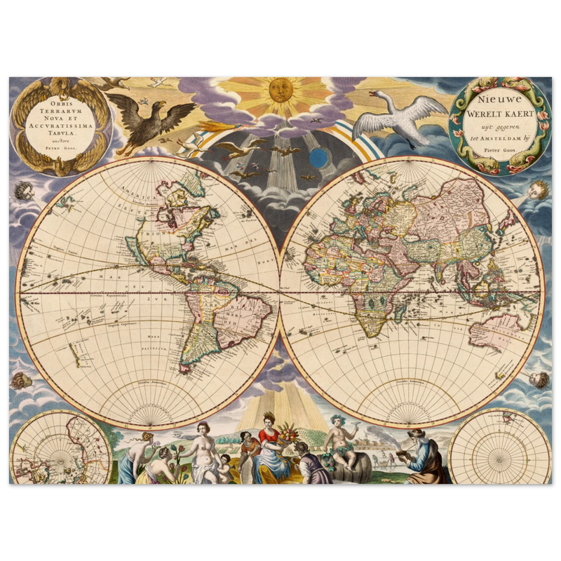Beautiful antique world map reproduction of the XVII century Vintage illustrated map