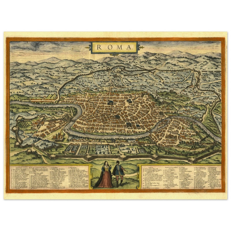 Rome Italy antique vintage city map. 1572 ancient map of the italian capital by Georg Braun and  Frans Hogenberg.