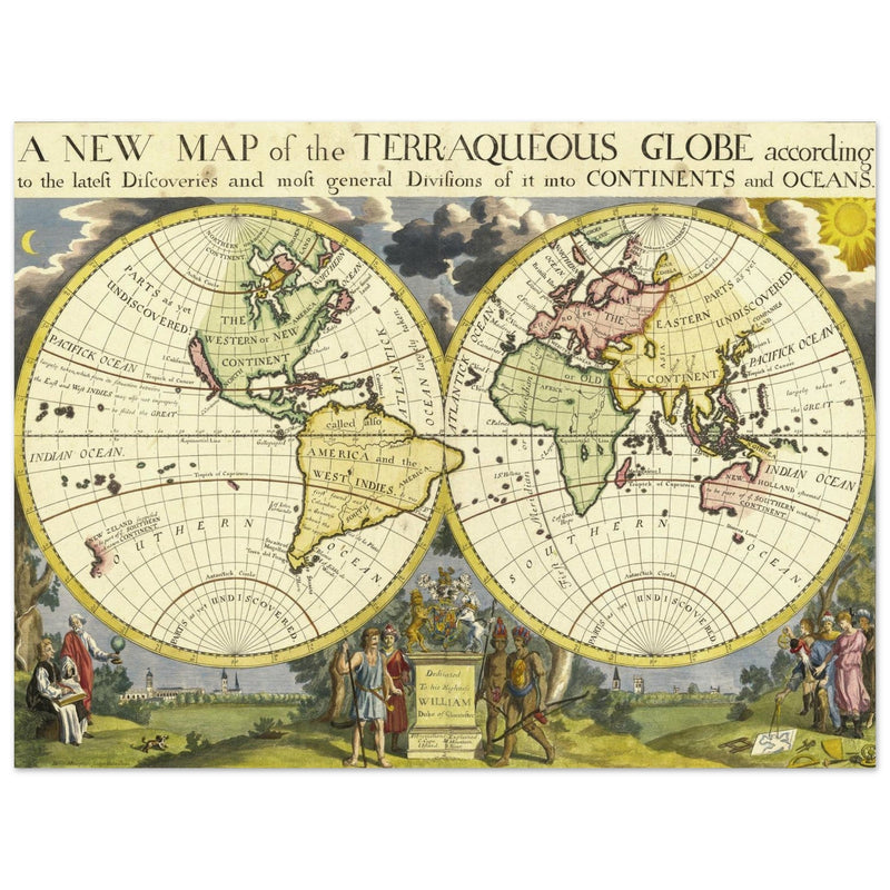 Ancient vintage world map by Edward Wells. Double hemisphere cartography.