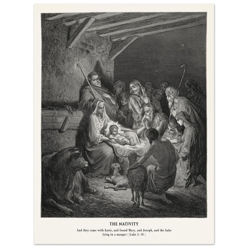 Gustave Dore The Bible engraving print . The Nativity illustration . The birth of Jesus Christ in Bethlehem