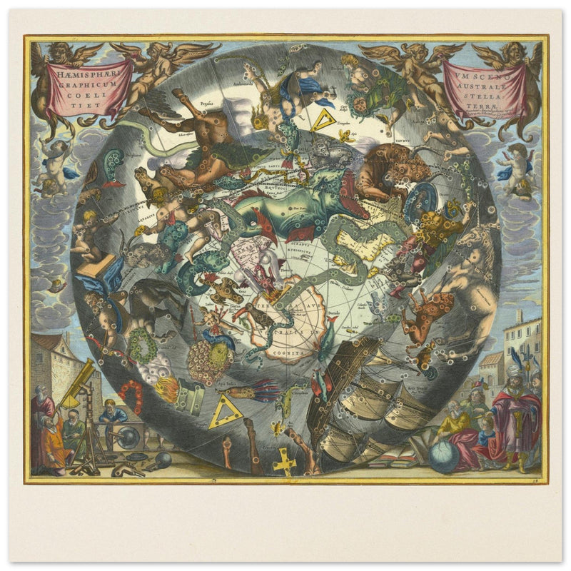 Vintage cosmic illustration with the constellations in the Universe by Andreas Cellarius.