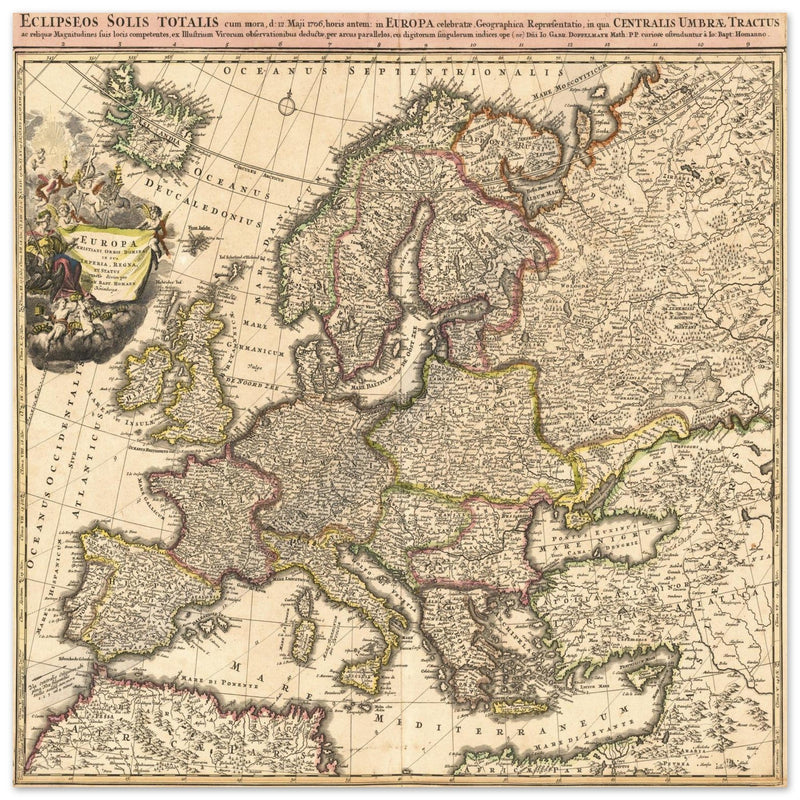 Solar eclipse map across Europe XVIII Century by Johann Baptist Homann.