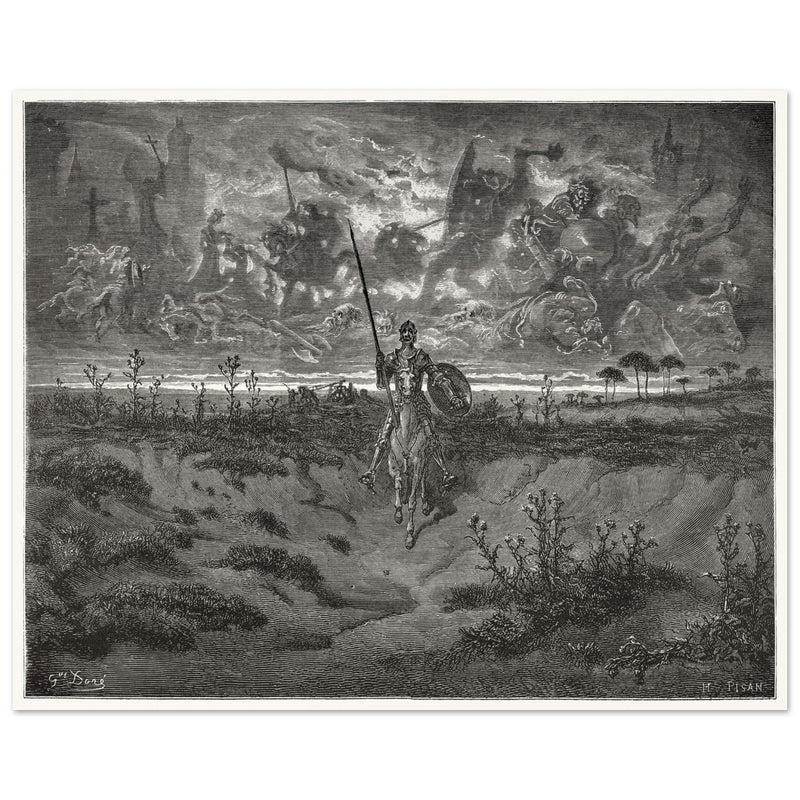 Don Quixote riding his horse by Gustave Dore dreaming of a life full of adventures.