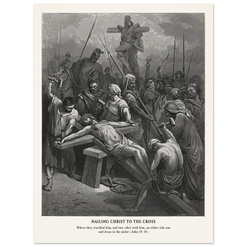 Gustave Dore The Bible engraving print . Nailing Christ to the cross illustration .