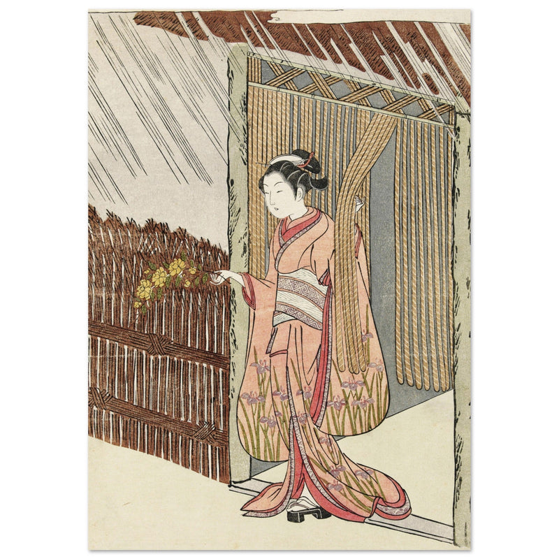 Girl with a yamabuki branch in hands by Suzuki Harunobu XVIII Century Woodblock print reproduction,