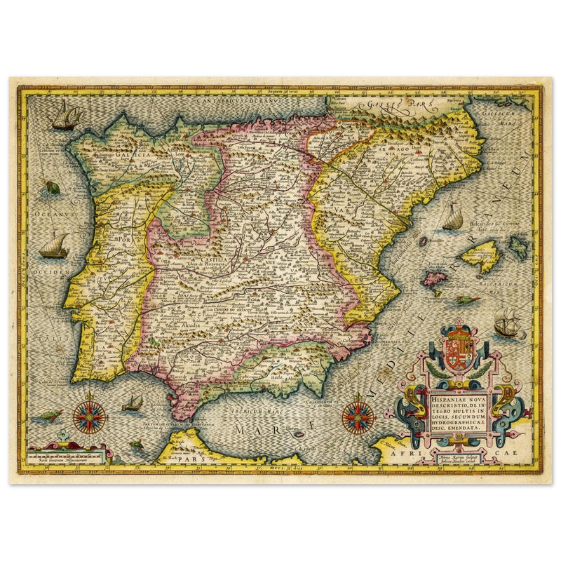 Ancient Spain and Portugal map. Iberian Peninsula cartography by Henricus Hondius.