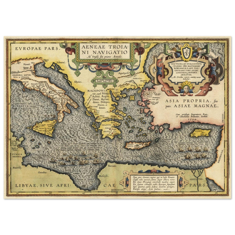 Ancient map of Europe and Asia tracing the sea route to Troy across the Mediterranean sea by Abraham Ortelius