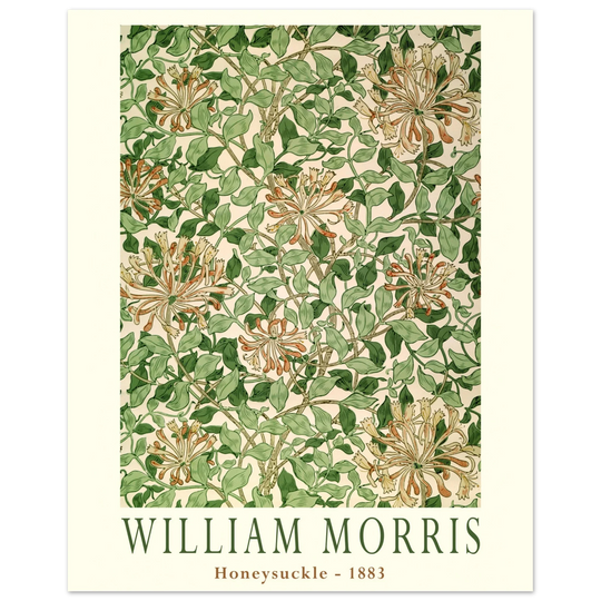 William Morris art print Honeysuckle wallpaper. Vintage flower and leaves poster.