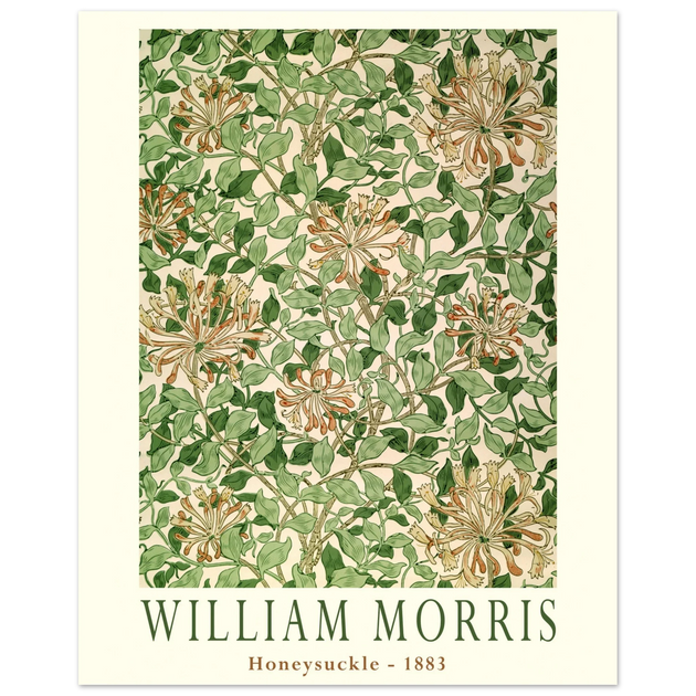 William Morris art print Honeysuckle wallpaper. Vintage flower and leaves poster.