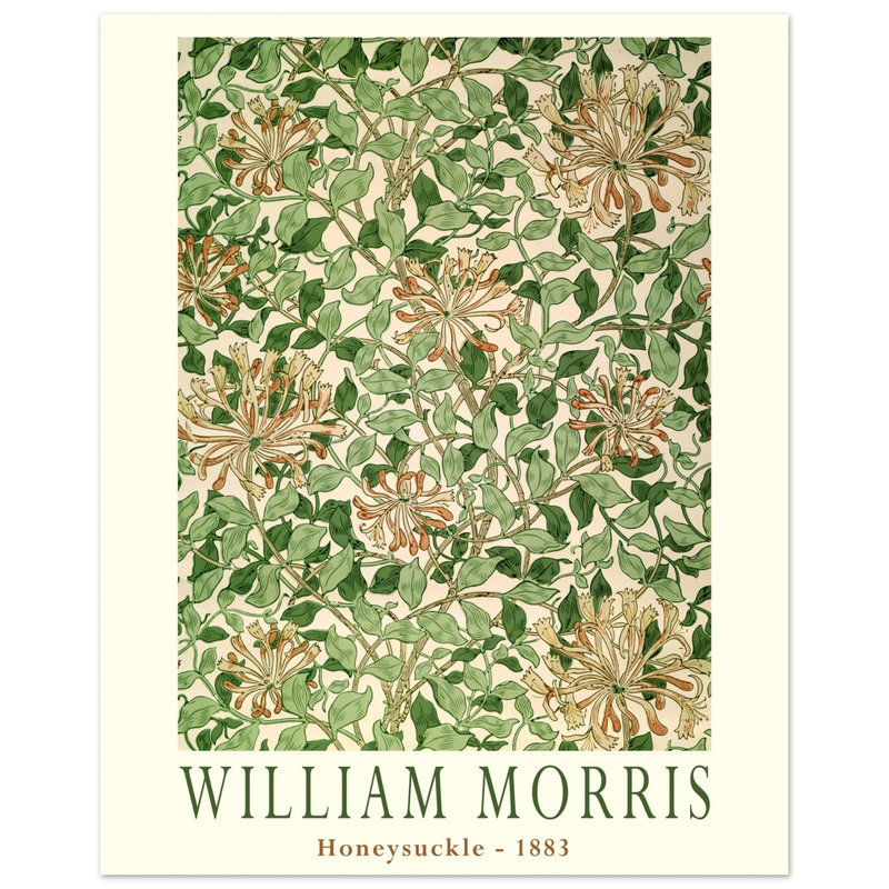 William Morris art print Honeysuckle wallpaper. Vintage flower and leaves poster.