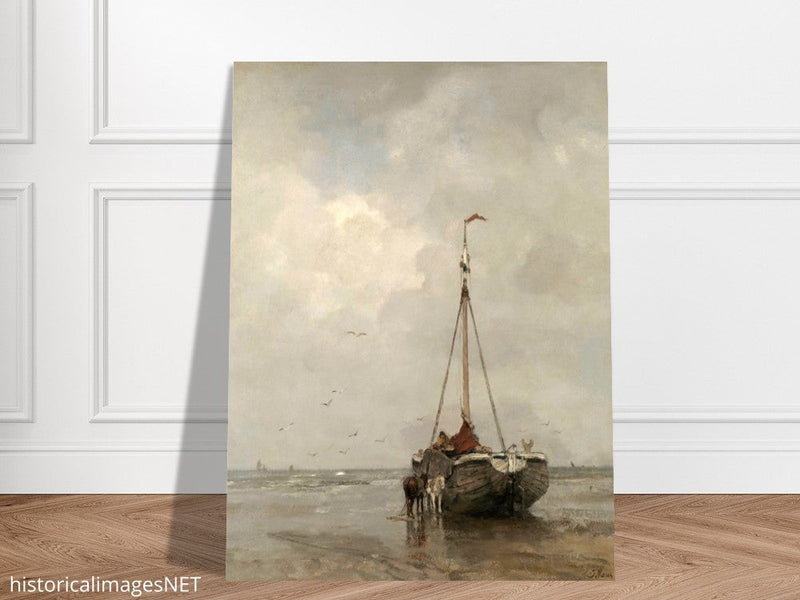 Jacob Maris old marine painting Bluff-bowed Fishing Boat on the Beach at Scheveningen.