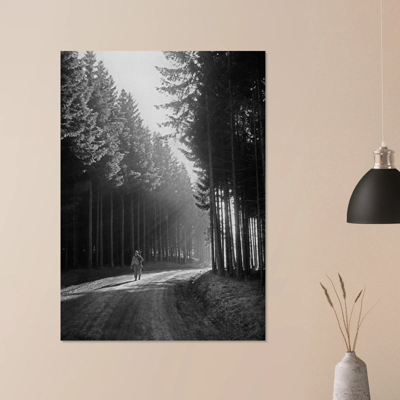 World War 2 poster. American soldier walking along forest near Bastogne .