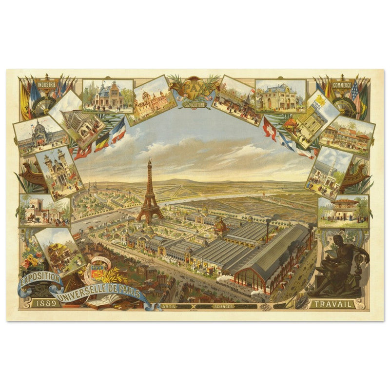 Exposition Universelle de Paris 1889. Eiffel Tower and Paris city view.