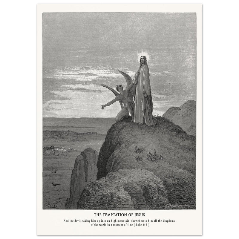 Gustave Dore The Bible engraving print . The temptation of Jesus illustration .