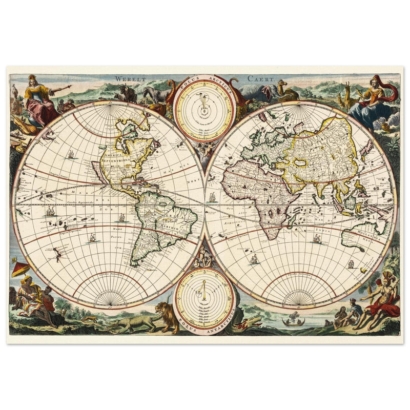 Ancient world map. Vintage double hemisphere cartography by Daniel Stoopendaal .