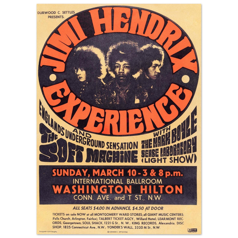 Jimi Hendrix experience vintage music poster . Washington Hilton performance in 1968.