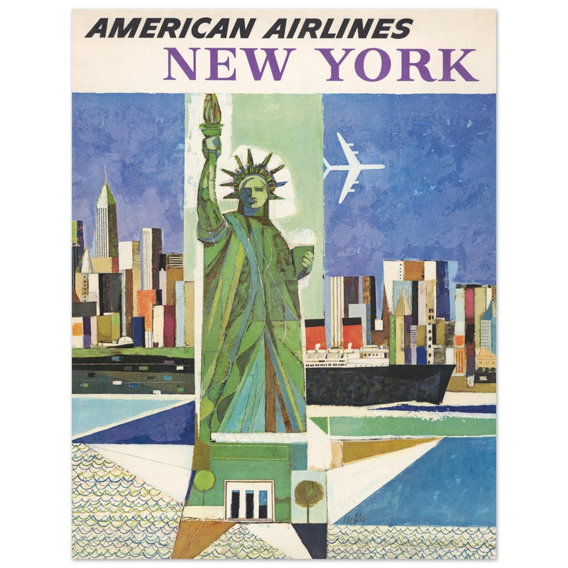 New York City vintage travel advertising poster for American Airlines. Statue of Liberty