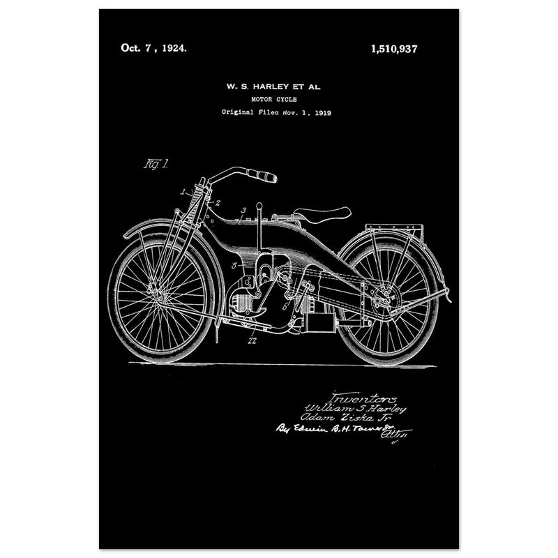 Vintage motorcycle patent by William S Harley founder of harley davidson.