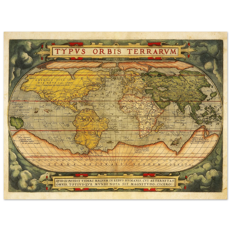 Ancient map reproduction print of a world map of 1579 Typus Orbis Terrarum by Abraham Ortelius.