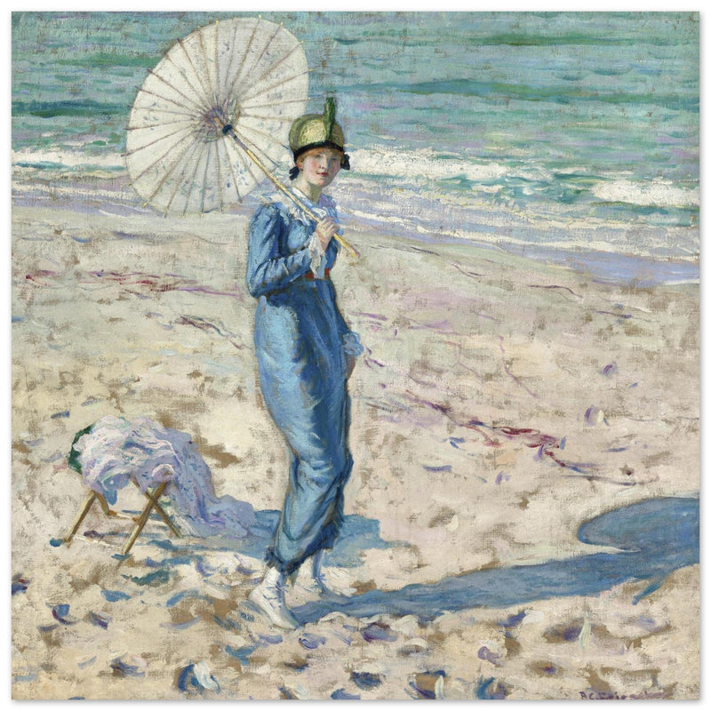 On the Beach Girl in Blue antique painting reproduction by Frederick Carl Frieseke
