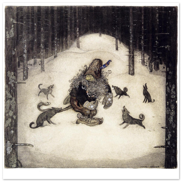 John Bauer vintage illustration . Troll surrounded by wolves.