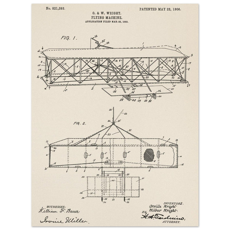 Flying machine patent 1906 by the Wright brothers. Vintage airplane.