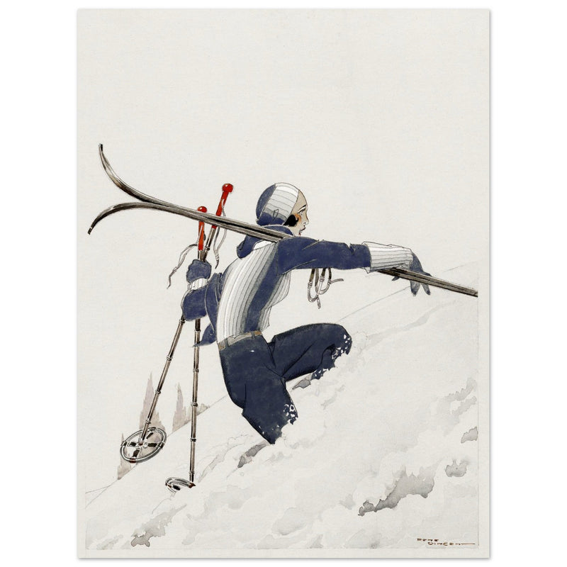 Skieuse a pied dans la neige by René Vincent. Female skier illustration.