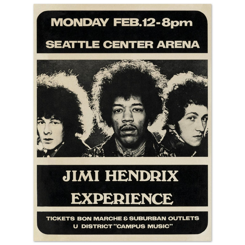 Jimi Hendrix concert poster of his performance at the Seattle Center Arena in 1968.