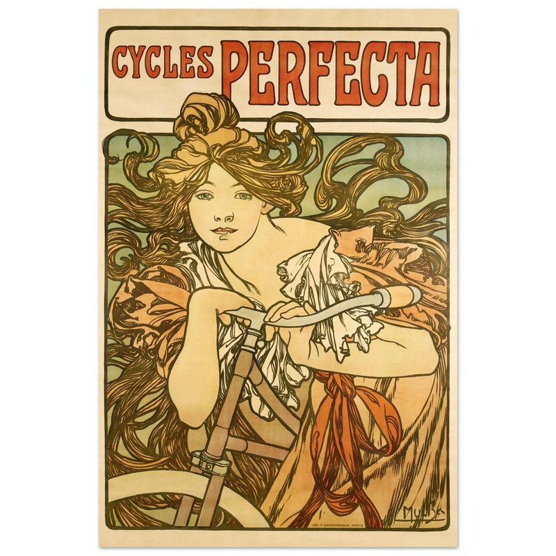 Alphonse Mucha print Cycles Perfecta. Art Nouveau bicycle advertising poster.