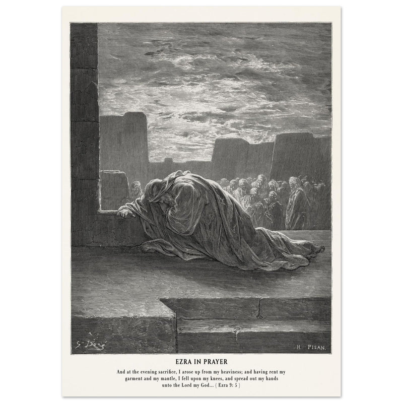 Gustave Dore The Bible engraving print . Ezra in prayer illustration .