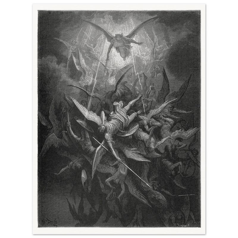 Gustave Dore  Paradise Lost engraving . Dawnfall of Satan with his fallen angels driven out from Heaven .