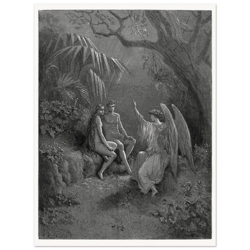Gustave Dore Paradise Lost engraving . Archangel Rapahel with Adam and Eve in Eden.
