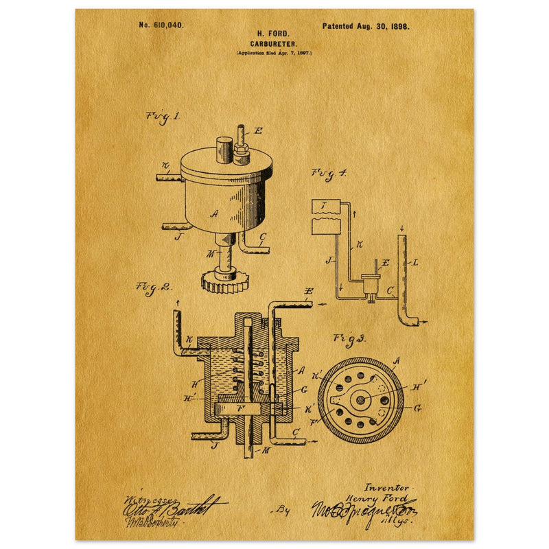 Carbureter vintage patent illustration by John Ford.