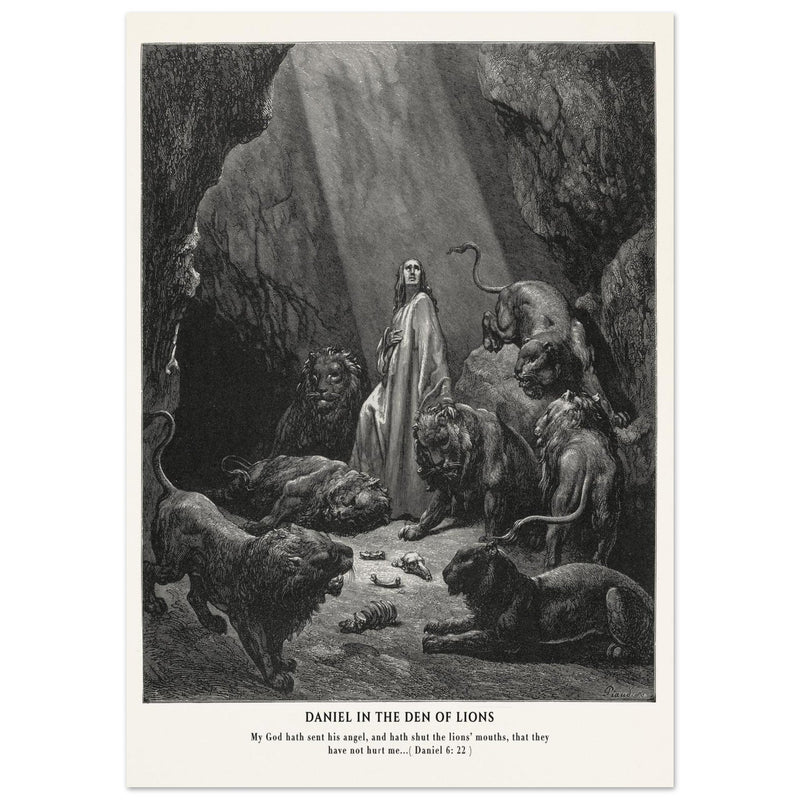 Gustave Dore The Bible engraving print . Daniel in the den of lions illustration .